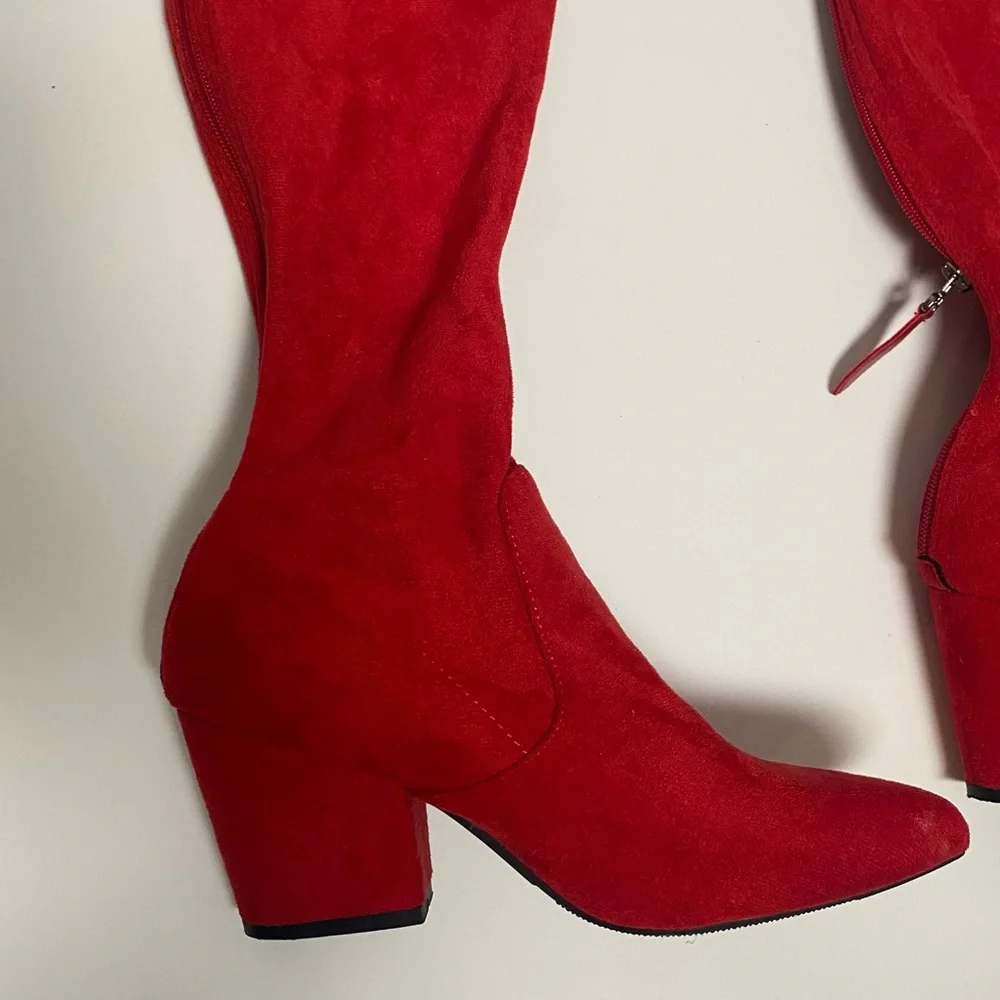 Thigh High Block  Women Pointed Toe Stretch Over The Knee Red  Boots Size 8 - Picture 4 of 8